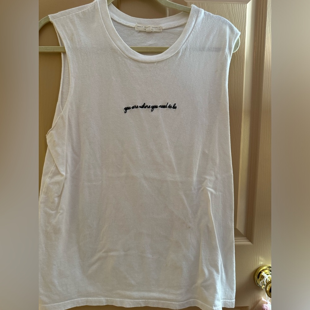 White tank top “you are where you need to be” embroidered in black